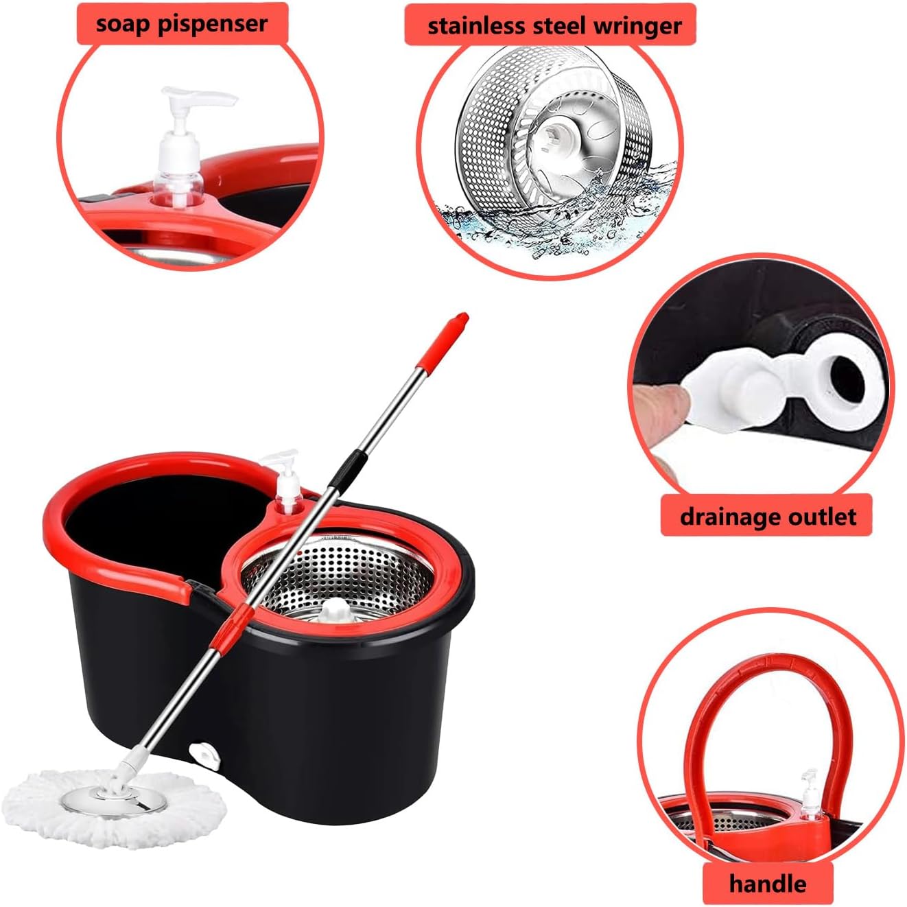 Spin Mop and Bucket Set with Wringer,360° Spinning Mop Bucket with 3 Microfiber Mop Head and 61" Adjustable Handle,for Floor Cleaning