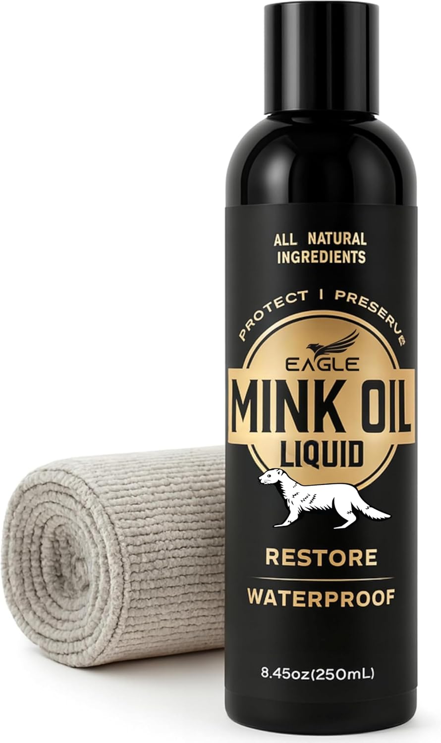 Eagle Mink Oil Liquid Leather Conditioner 8oz with Cloth – Softens, Waterproofs & Preserves Boots, Shoes, Bags, Jackets & Furniture – Natural Leather & Vinyl Conditioner for Long-Lasting Protection