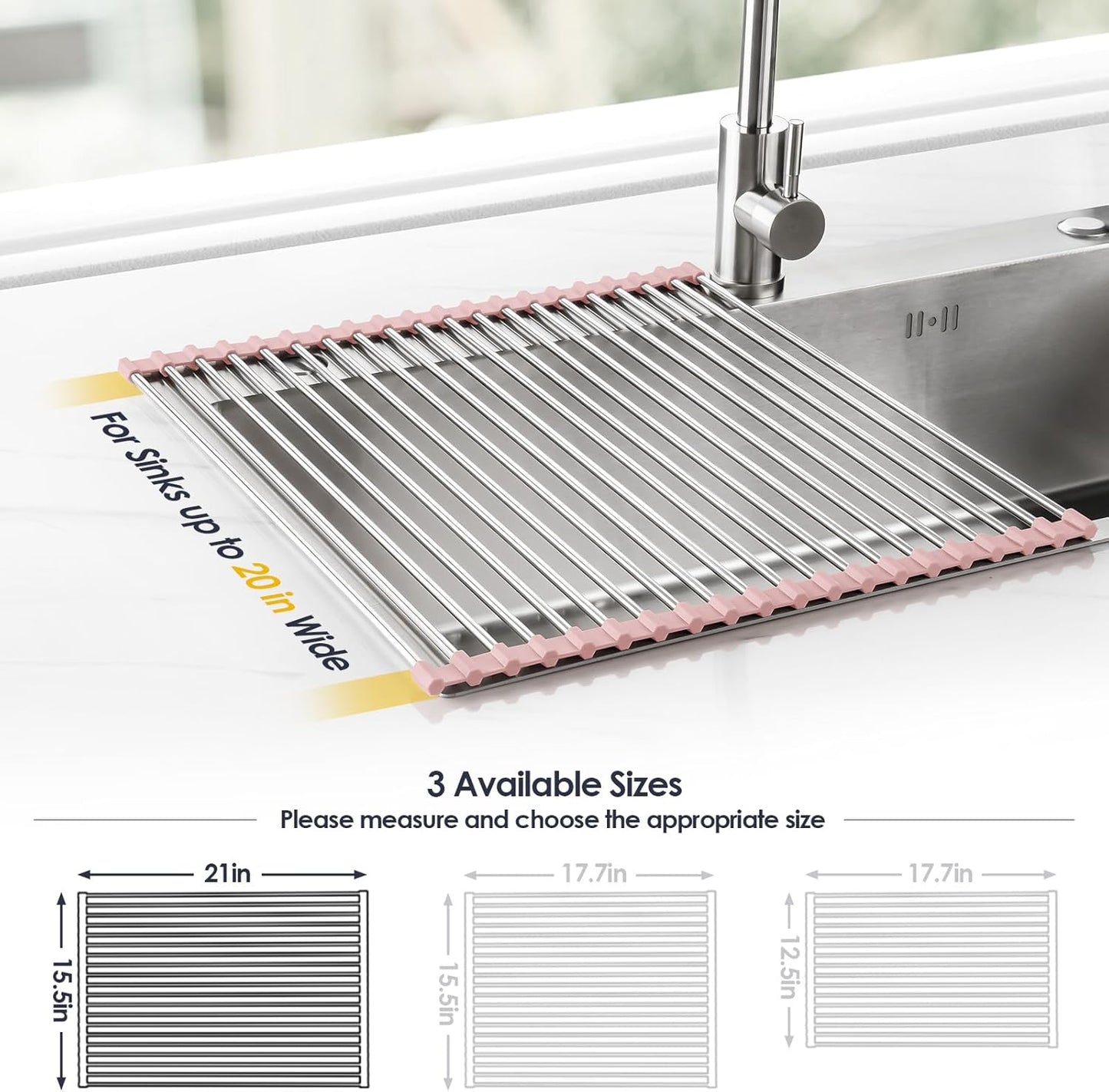 Tomorotec 17.7" x 15.5" Roll Up Dish Drying Rack Over Sink Drying Rack Sink Cover Kitchen Sink Accessories Gadget Multipurpose Organizer Foldable Stainless Steel Drainer (Grey)