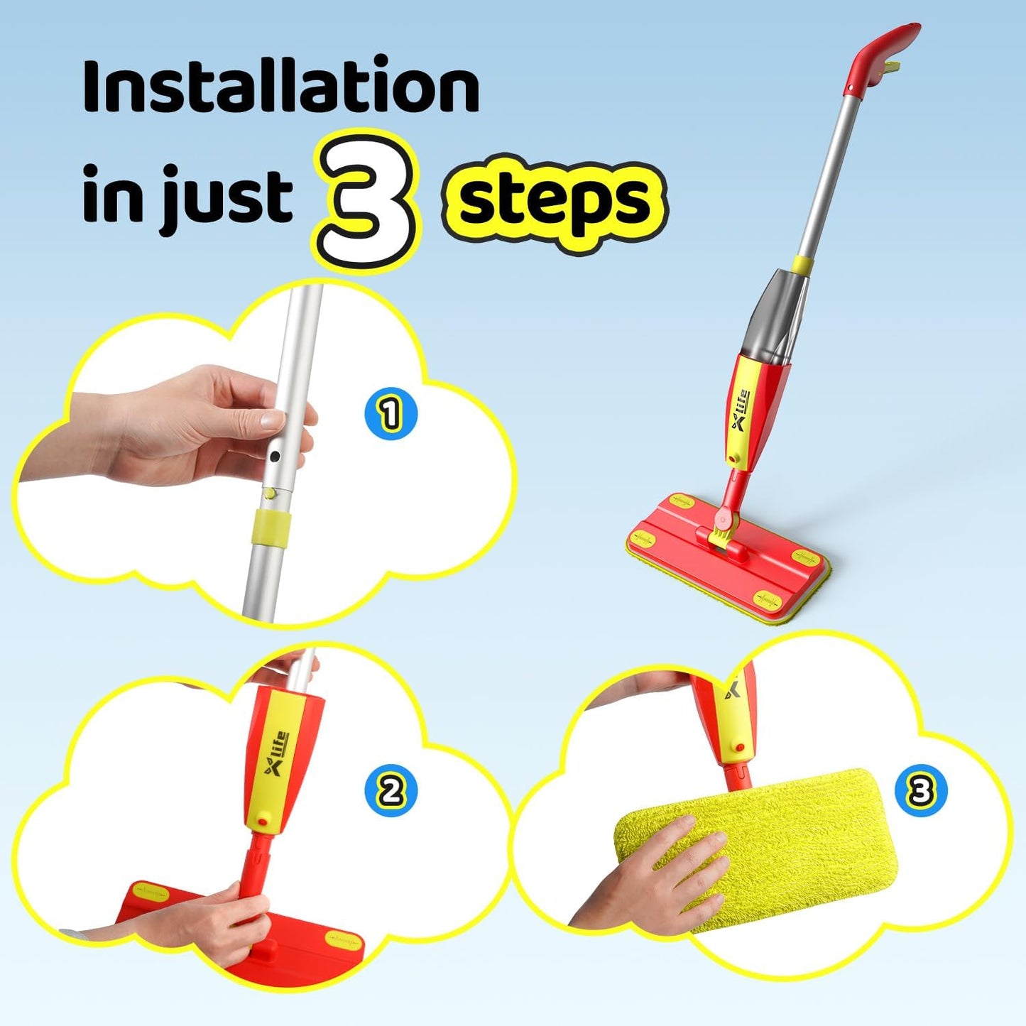 Xlife Kids Spray Mop Set - Montessori Toy for Ages 4-8 Real Water Sprayer & Sweeper Combo, Pretend Play Housekeeping Kit, Washable Pads (Red)
