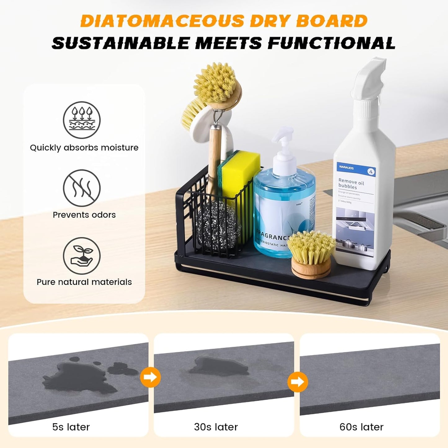 KONE Kitchen Sink Caddy: Sponge Holder for Kitchen Sink Counter with Instant Drying Stone and High Brush Holder, Rustproof Stainless Steel Sponge Holder for Sponges, Scrubbers, Soap (Black)