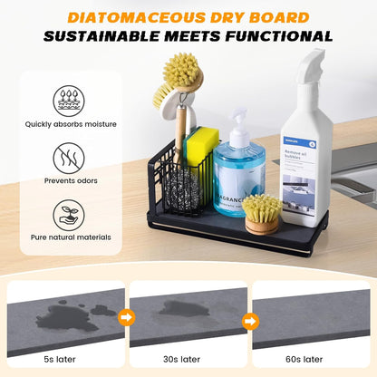 KONE Kitchen Sink Caddy: Sponge Holder for Kitchen Sink Counter with Instant Drying Stone and High Brush Holder, Rustproof Stainless Steel Sponge Holder for Sponges, Scrubbers, Soap (Black)
