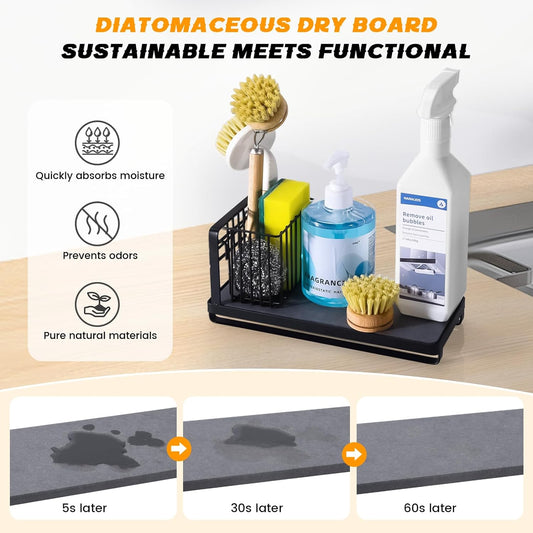 KONE Kitchen Sink Caddy: Sponge Holder for Kitchen Sink Counter with Instant Drying Stone and High Brush Holder, Rustproof Stainless Steel Sponge Holder for Sponges, Scrubbers, Soap (Black)