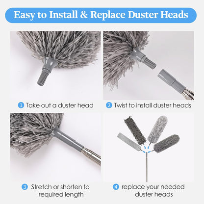 Microfiber Feather Duster 5-in-1 Kit with Extension Pole, Washable Cleaning Duster Set with 3 Duster Heads, Cobweb Duster, Corner Brush, 100'' Extendable Long Duster for High Ceilings, Fans, Furniture