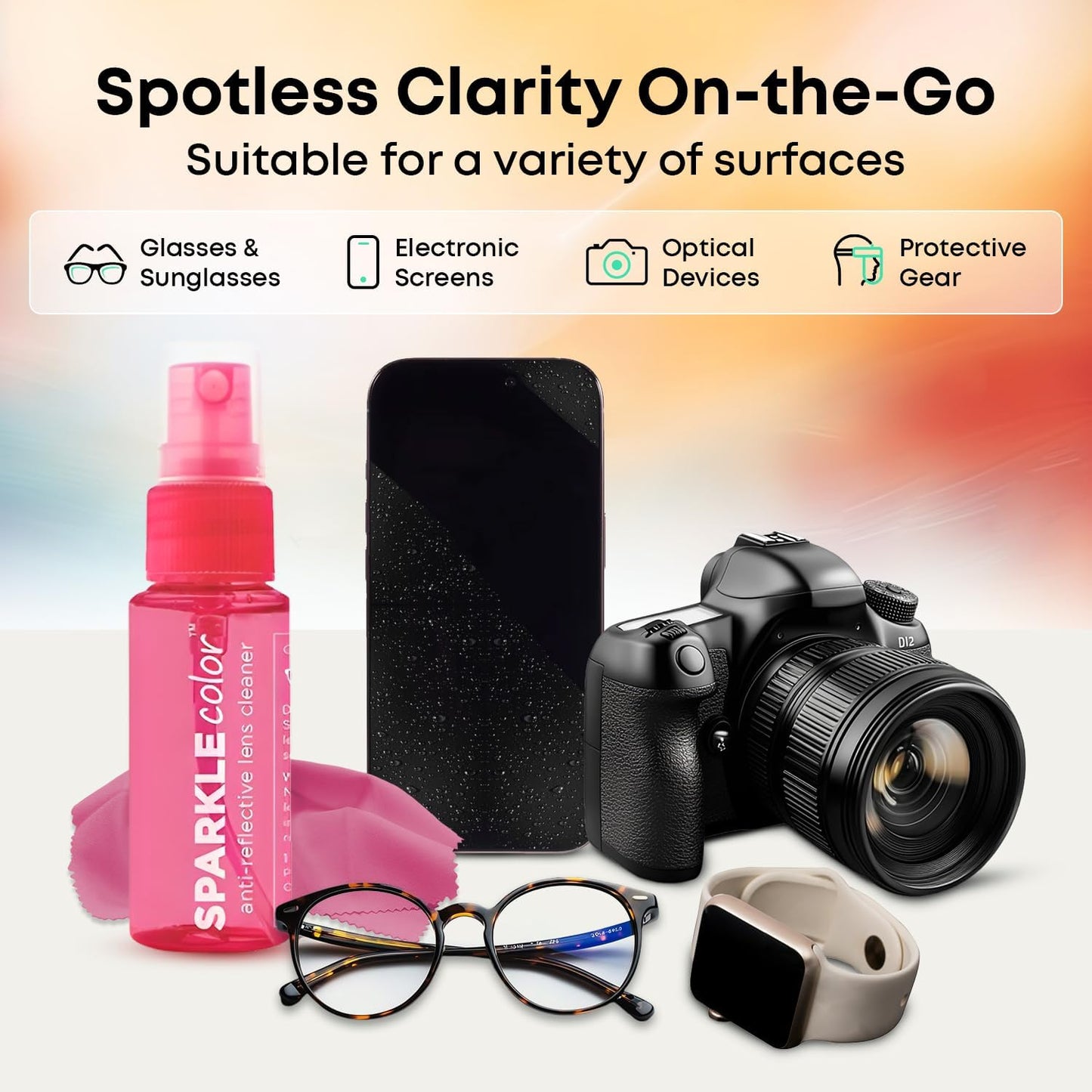 Sparkle Anti-Reflective Safe Lens Cleaner Spray Kit - (2) 1oz Glasses Cleaner Spray & (2) Microfiber Cloth for Eyeglasses, Sunglasses, Lenses, Screens and Camera Cleaning Kit (4 Piece Set)
