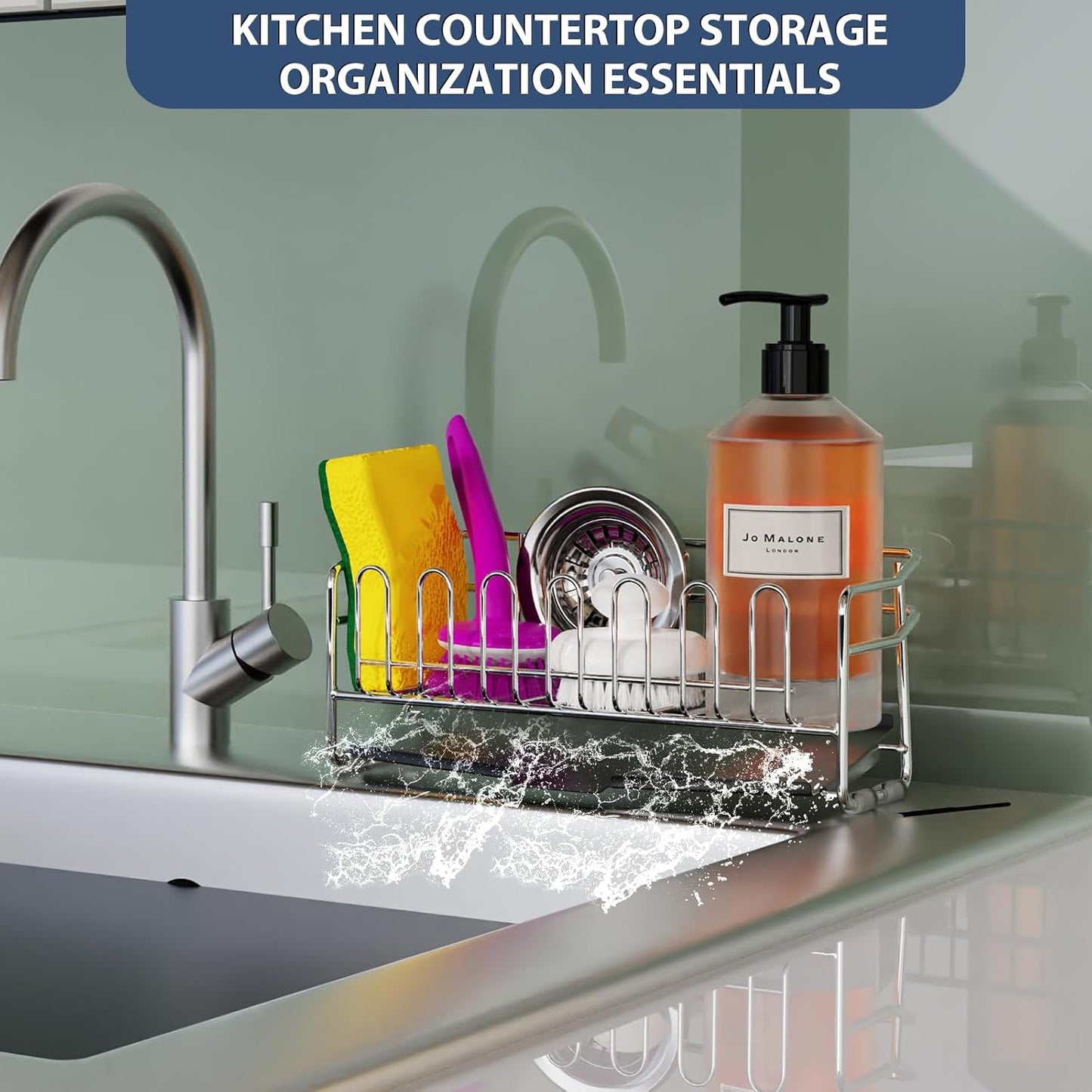 KABUM 304 Stainless Steel Sponge Holder for Kitchen Sink, Compact Sink Caddy with 4 Non-Slip Silicone Pads, Easy to Clean Rustproof 304 Steel, Kitchen Essentials, No-Tools Design (8.27x2.95x3.43)