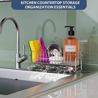 KABUM 304 Stainless Steel Sponge Holder for Kitchen Sink, Compact Sink Caddy with 4 Non-Slip Silicone Pads, Easy to Clean Rustproof 304 Steel, Kitchen Essentials, No-Tools Design (8.27x2.95x3.43)