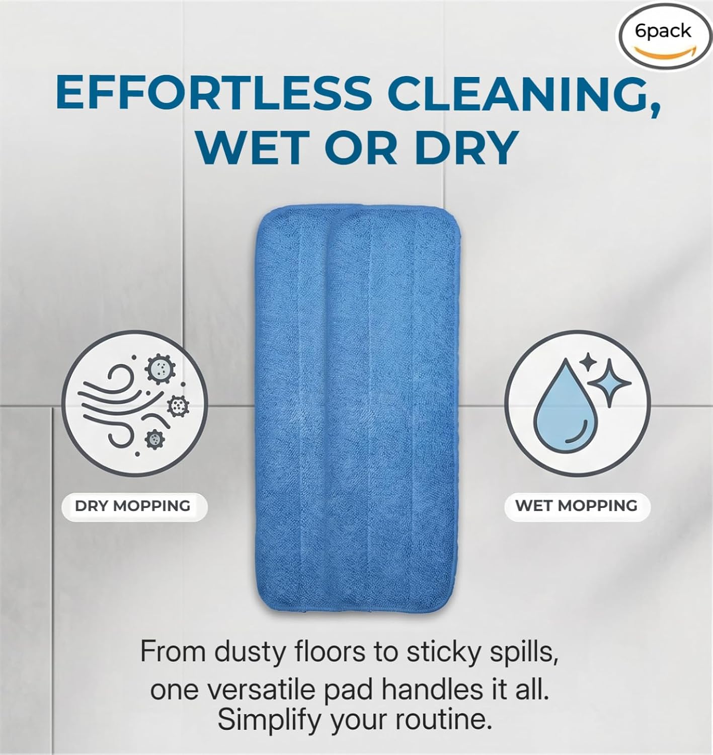 Microfiber Replacement Mop Pad, 18" x 6" Wet & Dry Home & Commercial Cleaning Refills, Reusable Floor Mop Pads (6 Pack) Blue