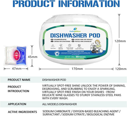 Dishwasher Pods 30 Count, Scrubbing Power, No Pre-Rinse Dishwasher Detergent Soap Removes Burnt-On Stain
