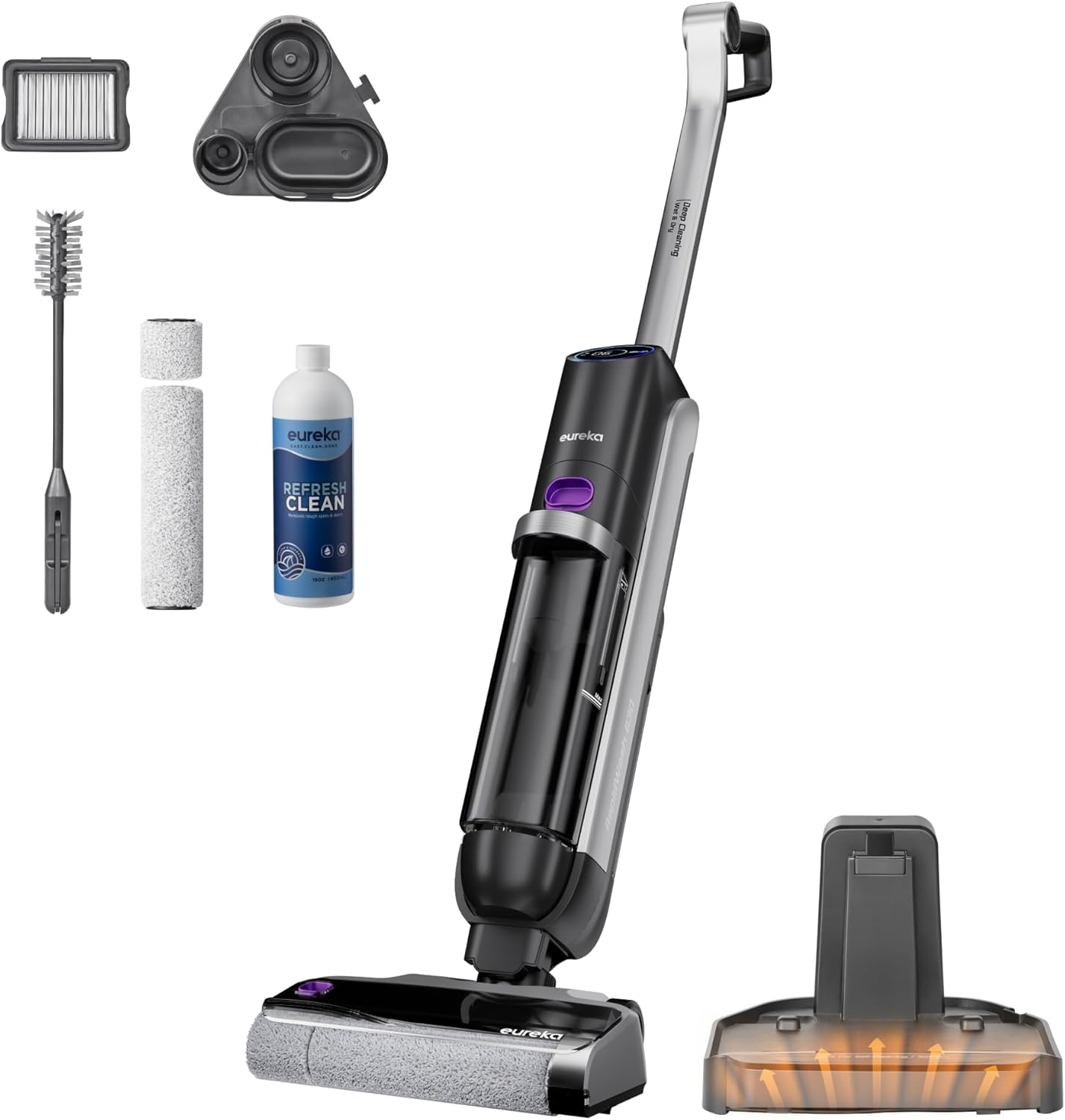 Eureka Cordless Wet Dry Cleaner, 170° Reclinable, Hot Air Drying Self Cleaning Vacuum and Mop Combo, Good for Hard Floors Pet Hair Sticky Messes, RapidWash 630, Purple