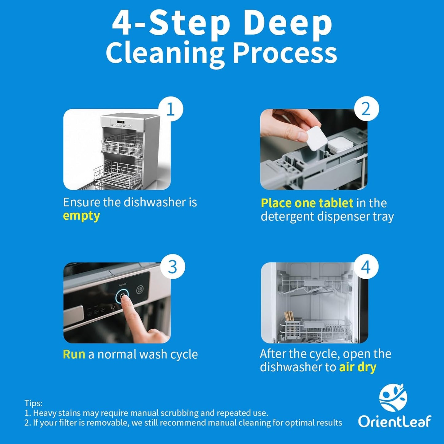ORIENTLEAF Dishwasher Cleaning Tablets, Lemon Scent 9 Month Supply, Dishwasher Cleaner and Deodorizer, Dish washer Descaler
