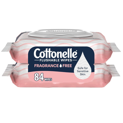 Cottonelle Fragrance Free Flushable Wet Wipes, Adult Wet Wipes, 2 Flip-Top Packs, 42 Wipes Per Pack