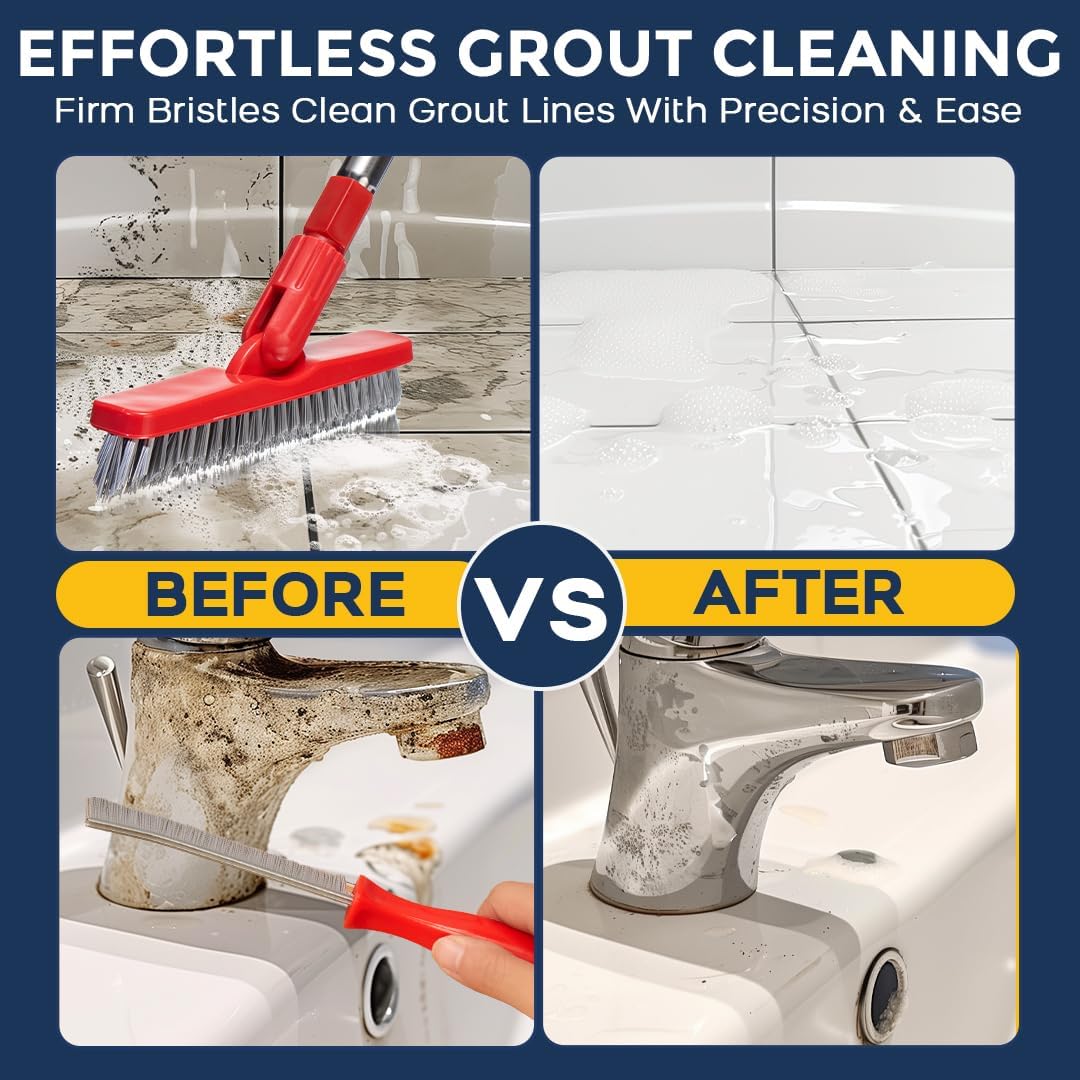Shower Scrubber with Long Handle, Stiff Bristles Grout-Brush, Tub Scrub-Brush with Long-Handle, Shower-Cleaner Brush, Grout Cleaning Brush for Tile floors, Scouring Pad & Microfiber Cloth for Bathroom