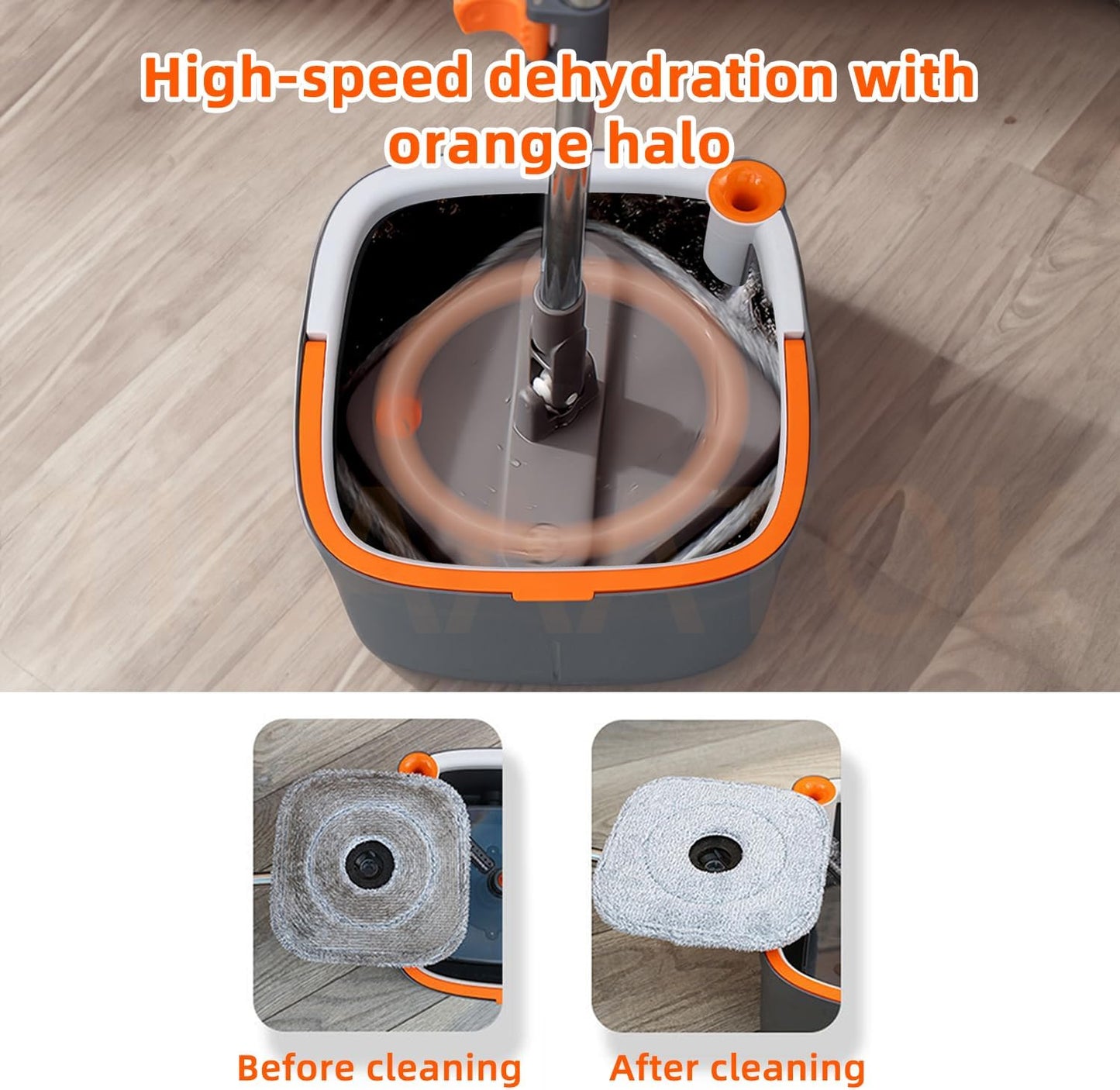 Spin Mop and Bucket Set with Self Separation Dirty and Clean Water System Self Wringing 360° Rotating Clean Mop-Head for Hardwood Tile Marble Floors with 6pads