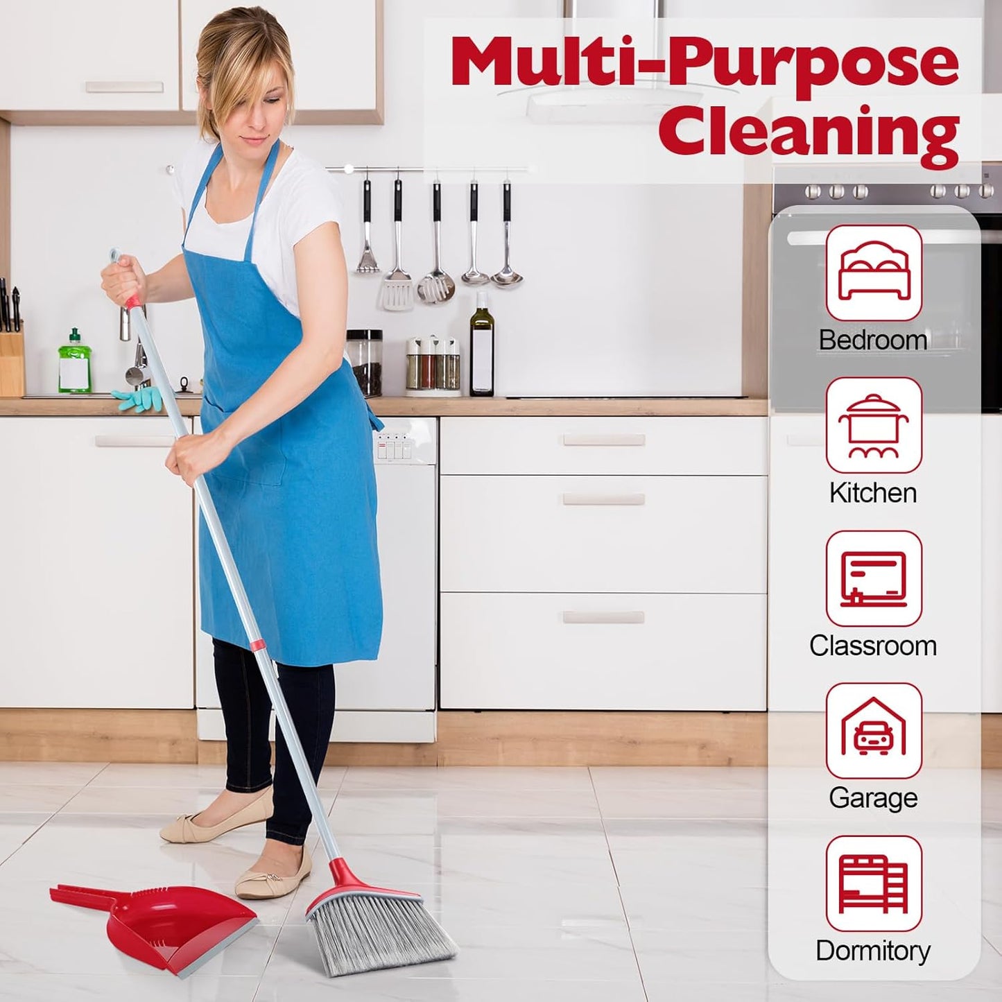 3 Pcs Broom and Dustpan Set 54 Inch Indoor Broom with Dust Pan Combo Set for Home Angle Broom and Dust Pan Kitchen Broom for Floor Cleaning