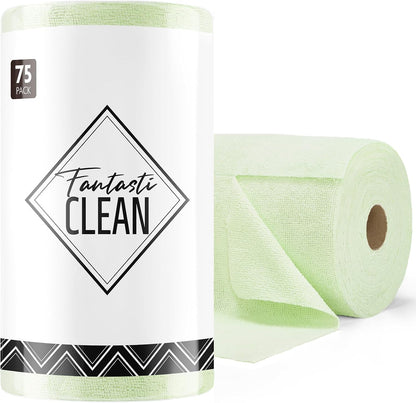 Fantasticlean Microfiber Cleaning Cloth Roll -75 Pack, Tear Away Microfiber Towels, 12" x 12", Reusable, Washable, Scratch Free, Ultra Absorbent Dishcloth for All-Around Cleaning Supplies (White)