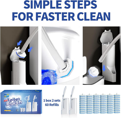 Hohoky Disposable Toilet Brush Cleaning System, Two Sets of Wands and 60p Refills Pads Replacement Heads, Wall Mounted Toliet Stick Wand Starter Kit Bathroom Maintenance, Toilet Bowl Cleaner Holder