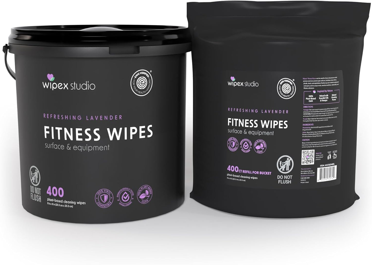 Wipex Gym Wipes Bucket Refill – EWG Verified, 400 Ct Plant-based Fitness Equipment Wipes, Lavender and Vinegar to Clean Surfaces, Safe Yoga Mat Cleaner, Gym Cleaner and Peloton