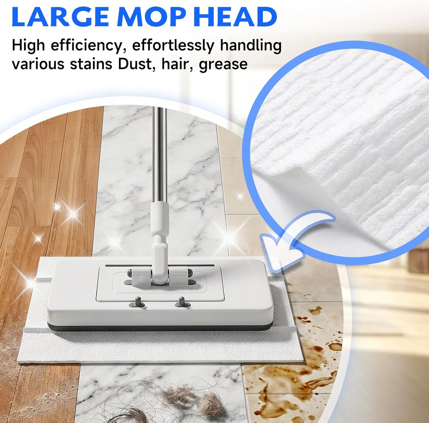 New 2-in-1 Push Clamp Lazy Mop – Hands Free Flat Mops, Swiffer Mops Alternative, Compatible with Most Pads Adjustable Handle, Perfect for Homes with Kids & Pets (Large Flat Mop)