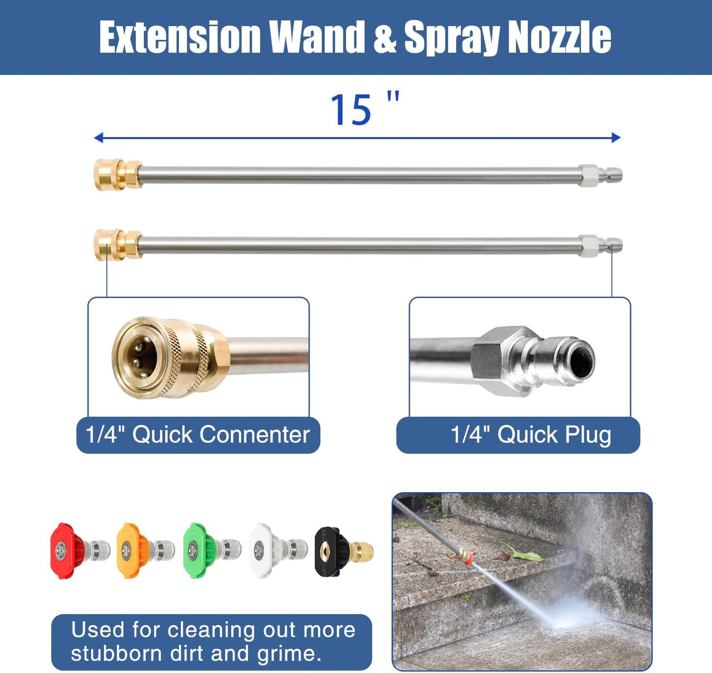 janz 14" Pressure Washer Surface Cleaner with 4 Wheels, Stainless Steel Housing, 1/4" Quick Plug, 2 Extension Wands, 2 Replacement Nozzles and 3 Spray Nozzles, 4000 PSI
