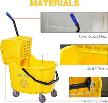 HOMCOM Mop Bucket Cart with 34 Quart Capacity, Side Press Wringer and Metal Handle, Yellow