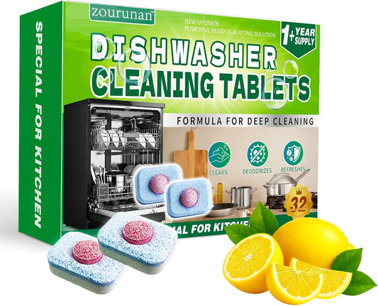 32 Pack Dishwasher Cleaner & Deodorizer Tablets - 16 Months Supply, Heavy Duty Deep Cleaning Formula, Removes Limescale, Grease & Residue, Deodorizes & Refreshes, Works with All Dishwasher Type