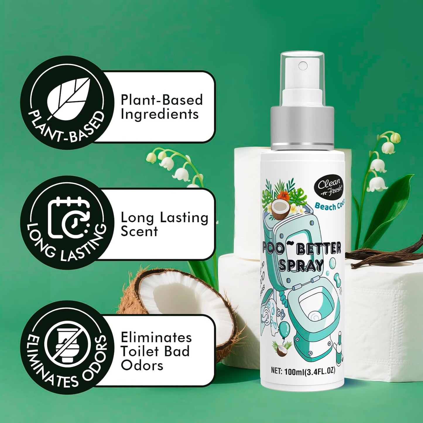 Clean-n-Fresh Toilet Spray, Wild Peony Scent, Bathroom Odor Eliminator & Air Freshener For Room, Trash Cans, Shoes, Fabrics, 3.4 Fl Oz(2 Pack)