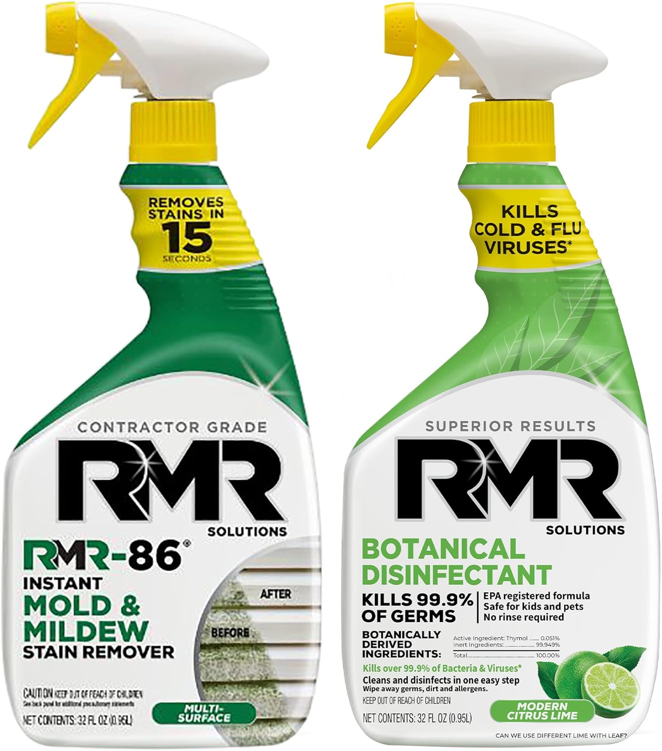 RMR Stain & Sanitation System –Instant Mold & Mildew Stain Remover + Botanical Disinfectant Cleaner, Indoor/Outdoor Cleaning Kit for Kitchens, Bathrooms, Furniture, Siding, & Deck, 2–32 Oz Bottles