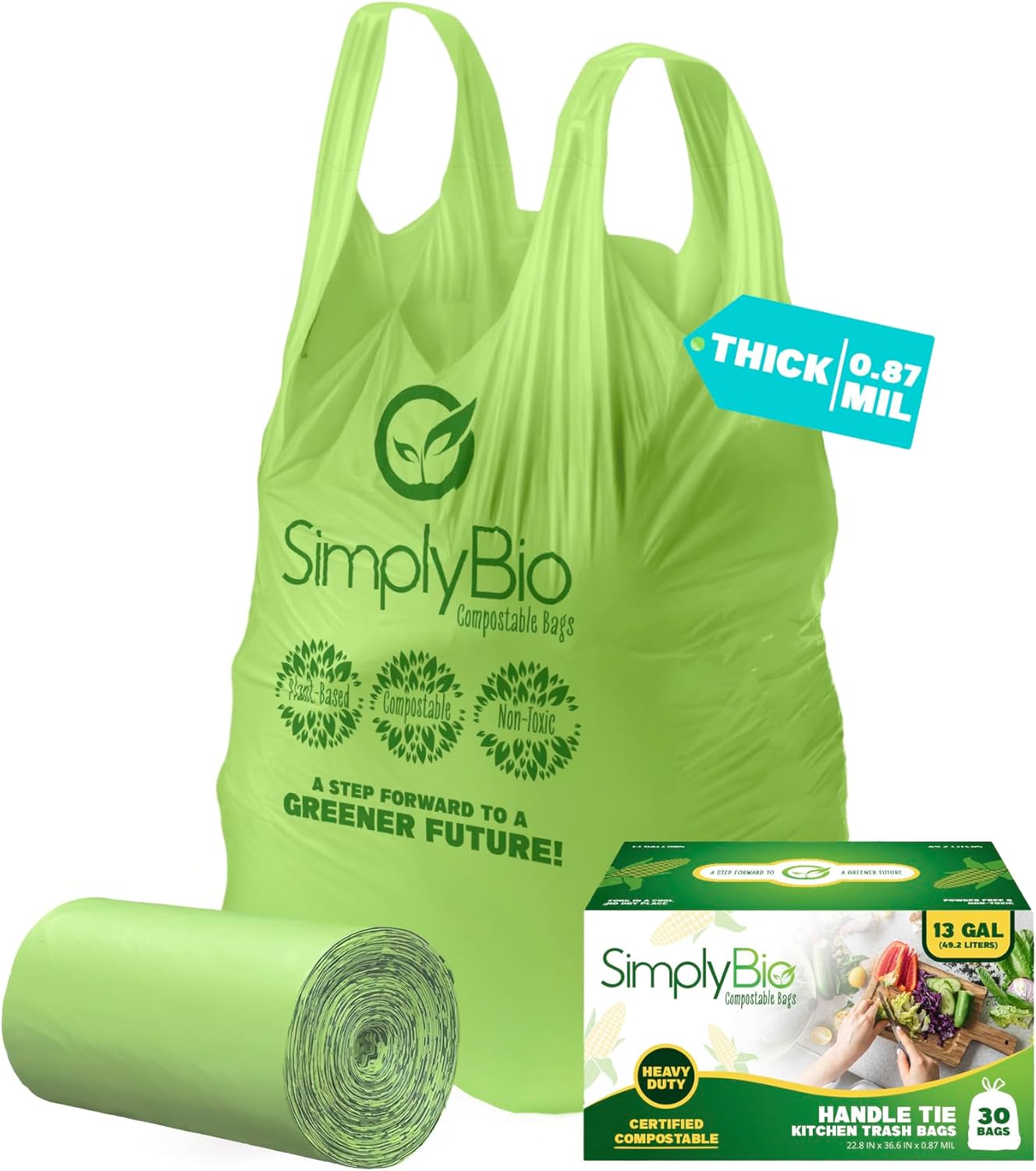 Simply Bio 13 Gallon Compostable Trash Bags Liners Drawstring, Heavy Duty Extra Thick 1 Mil, 49.21 Liter, 30 Bags, Tall Kitchen Food Scrap Waste Bag, ASTM D6400, US BPI and OK Compost Home Certified