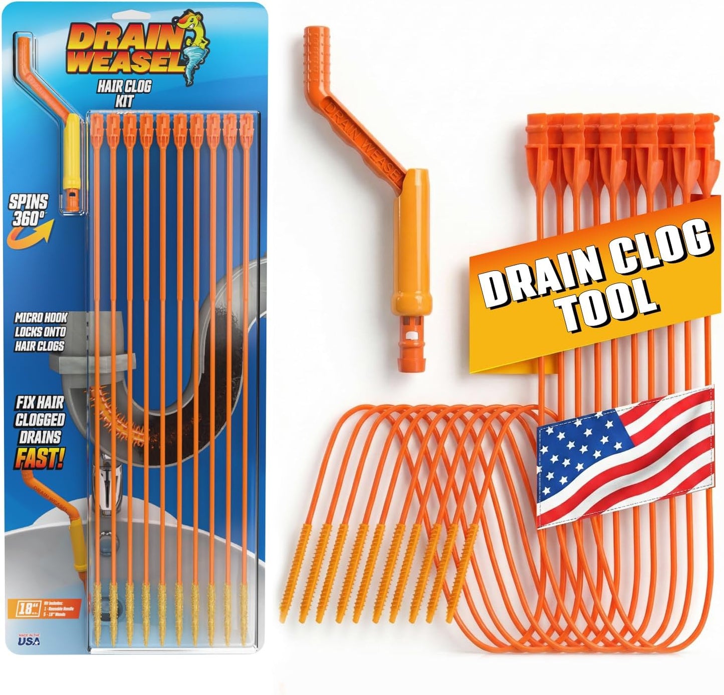 Flexisnake Drain Weasel Hair Clog Remover Kit – Plumbing Snake Auger for Cleaning Shower, Bath Tub, Bathroom Drains with Rotating Handle and 5 Disposable Wands, Made in USA