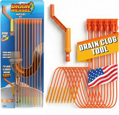 Flexisnake Drain Weasel Hair Clog Remover Kit – Plumbing Snake Auger for Cleaning Shower, Bath Tub, Bathroom Drains with Rotating Handle and 5 Disposable Wands, Made in USA