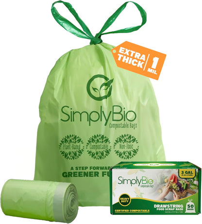 Simply Bio 13 Gallon Compostable Trash Bags Liners Drawstring, Heavy Duty Extra Thick 1 Mil, 49.21 Liter, 30 Bags, Tall Kitchen Food Scrap Waste Bag, ASTM D6400, US BPI and OK Compost Home Certified