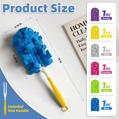 6 PCS Fleece Reusable Duster Refills for Swiffer, Washable 360 Dusters for Cleaning, Fans, Floors, Blinds, Windows (Include 1 Handle & Laundry Bag)