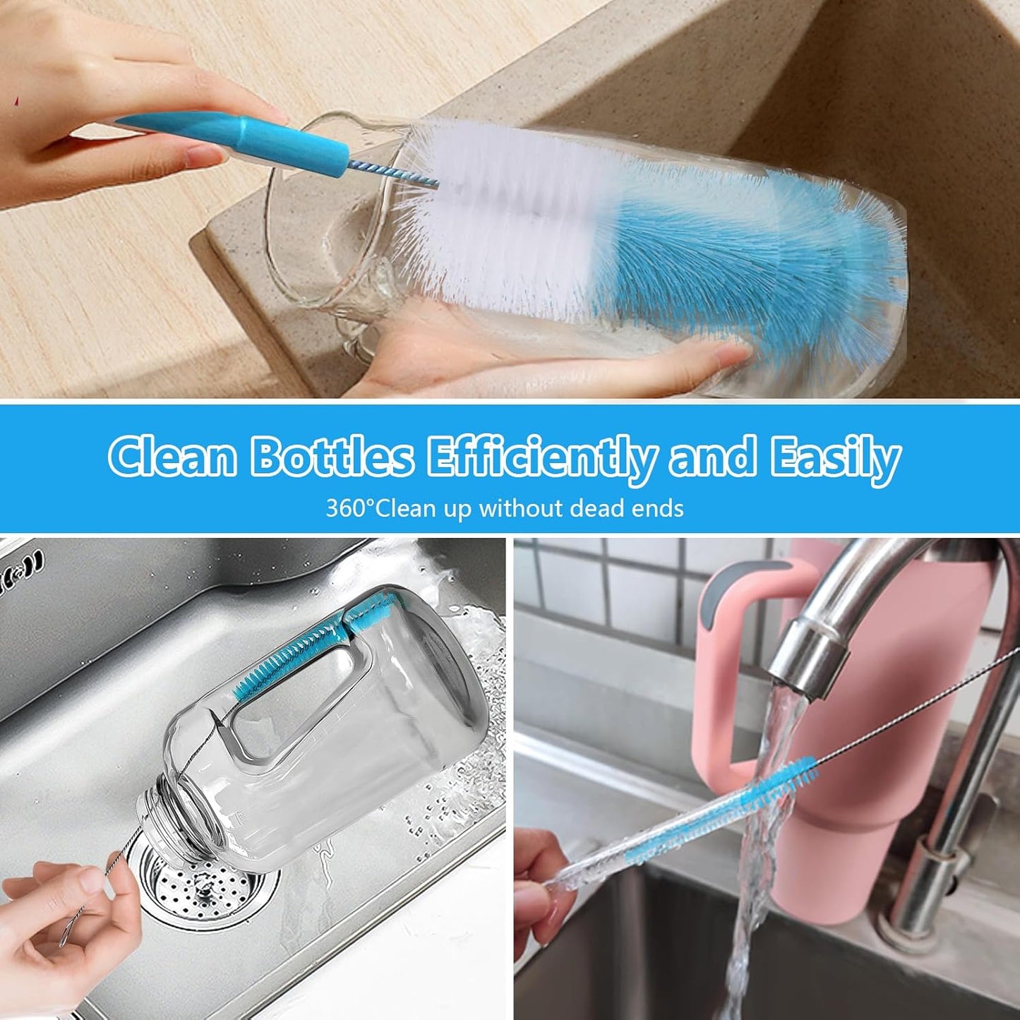 4-in-1 Bottle Brush, Long Handle Water Bottle Brush & Straw Cleaner Brush, Lid Brushe, for Cleaning Water Bottle, Flask, Wine Decanters, Coffee Mugs,Baby Bottles