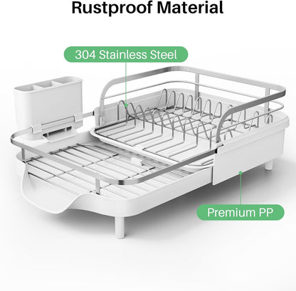 SNTD Dish Drying Rack, Expandable Dish Rack for Kitchen Counter, Stainless Steel Dish Drainer with Drainboard Set and Utensil Holder (Black)