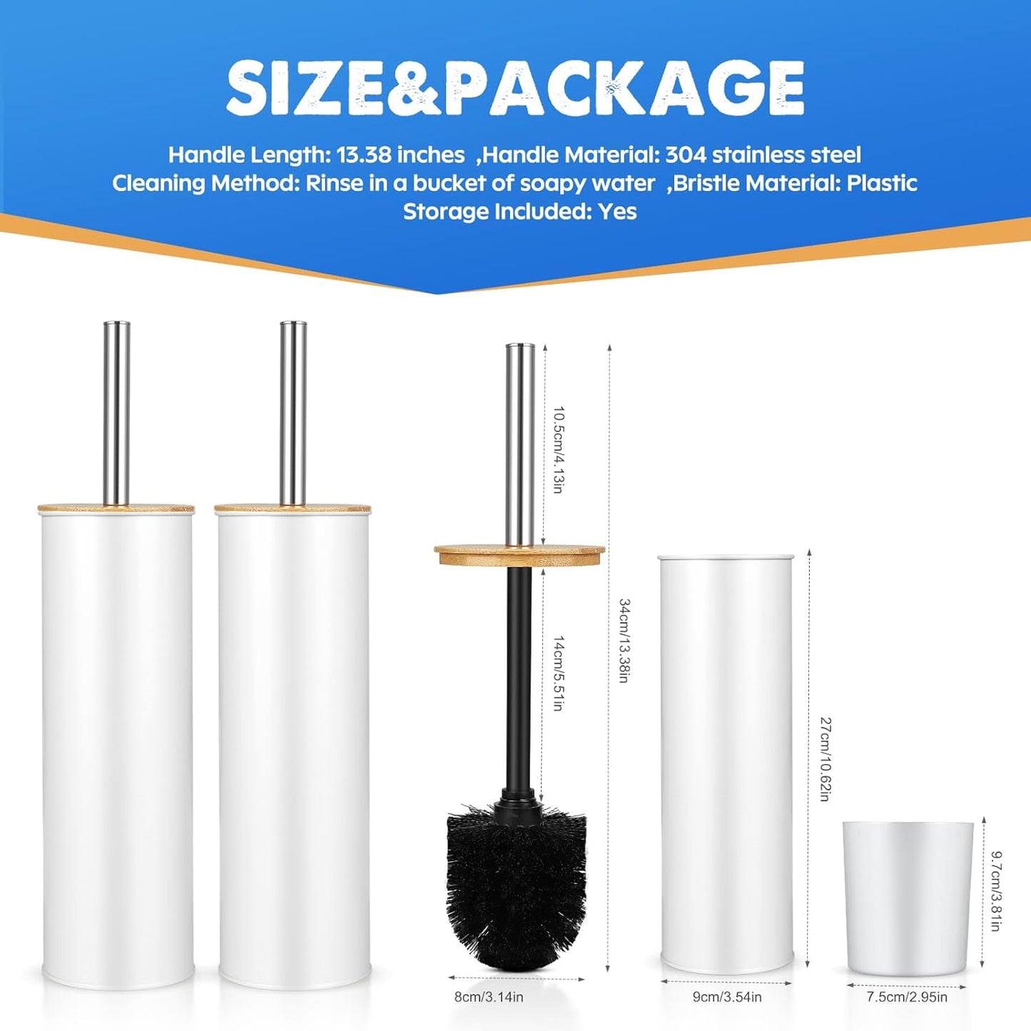 Compact Toilet Brush and Holder 2 Pack,SetStainless Steel Handle Toilet Brush,Deep Cleaning,Durable Nylon bristles,Splash-Proof Design(White&Black)
