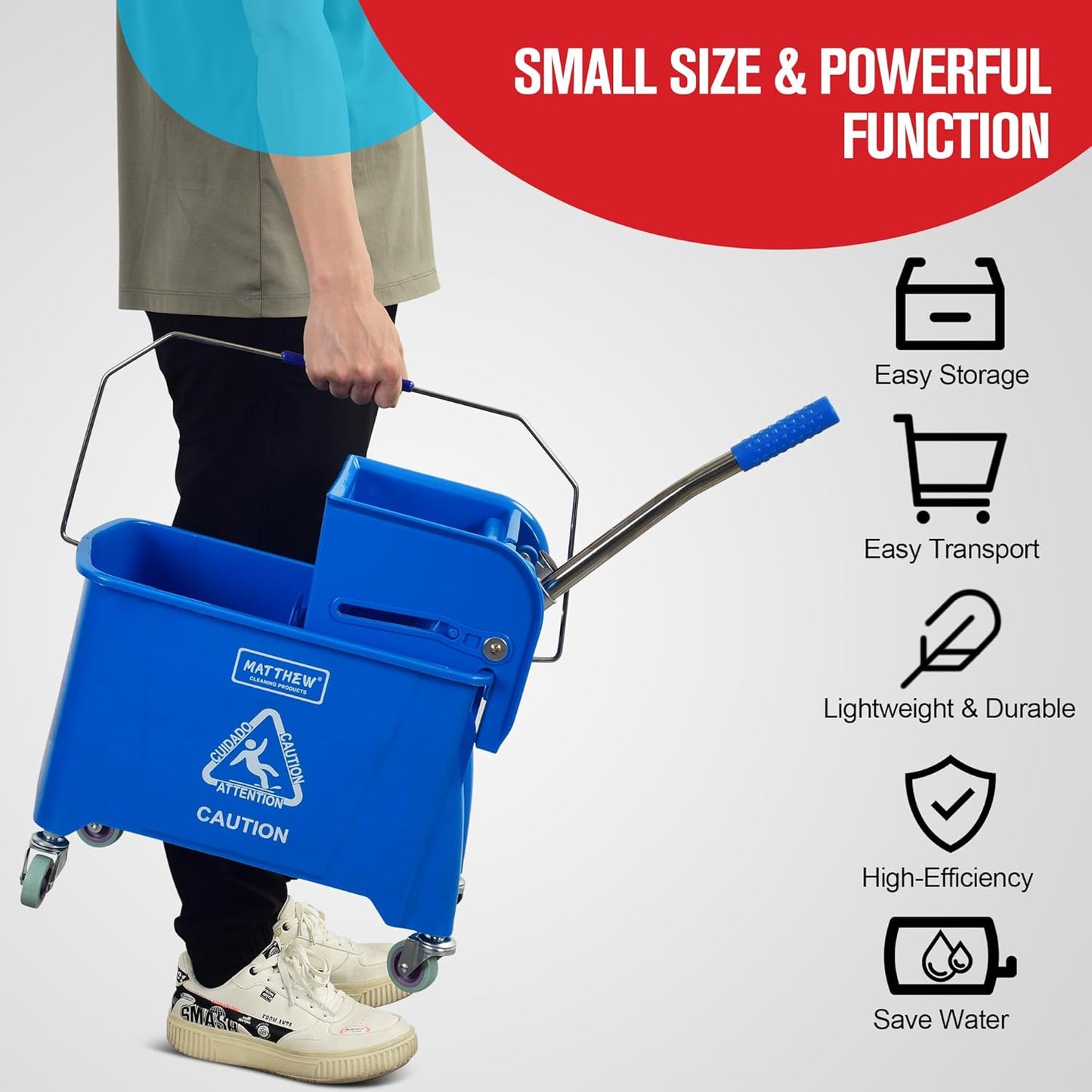 Matthew Cleaning 34 Quart Commercial Mop Bucket INCL.Wet String Mop with Side Press Wringer On Wheels,Heavy Duty Tandem Portable Floor Cleaning Wavebrake,Ideal for Household,Industrial,Restaurant