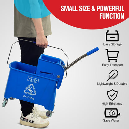 Matthew Cleaning 34 Quart Commercial Mop Bucket INCL.Wet String Mop with Side Press Wringer On Wheels,Heavy Duty Tandem Portable Floor Cleaning Wavebrake,Ideal for Household,Industrial,Restaurant