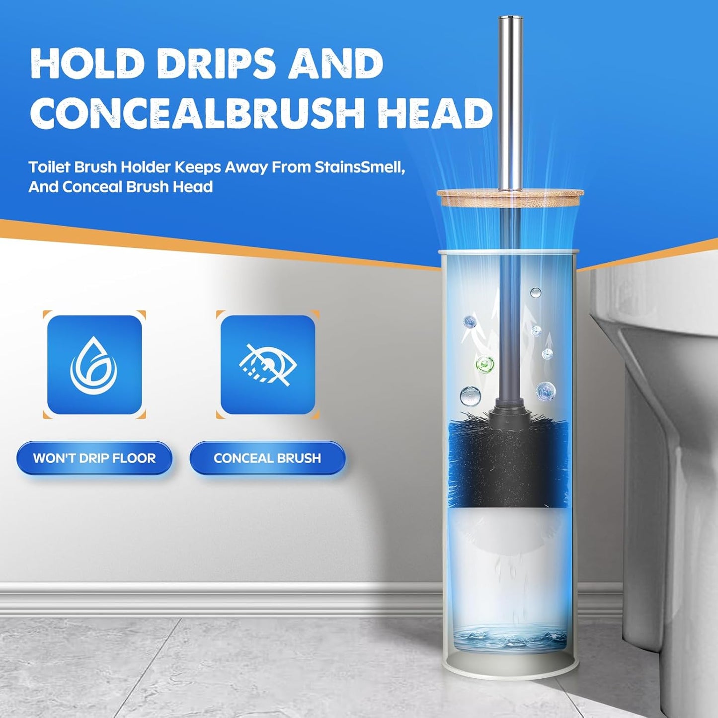 Compact Toilet Brush and Holder 2 Pack,SetStainless Steel Handle Toilet Brush,Deep Cleaning,Durable Nylon bristles,Splash-Proof Design(White&Black)