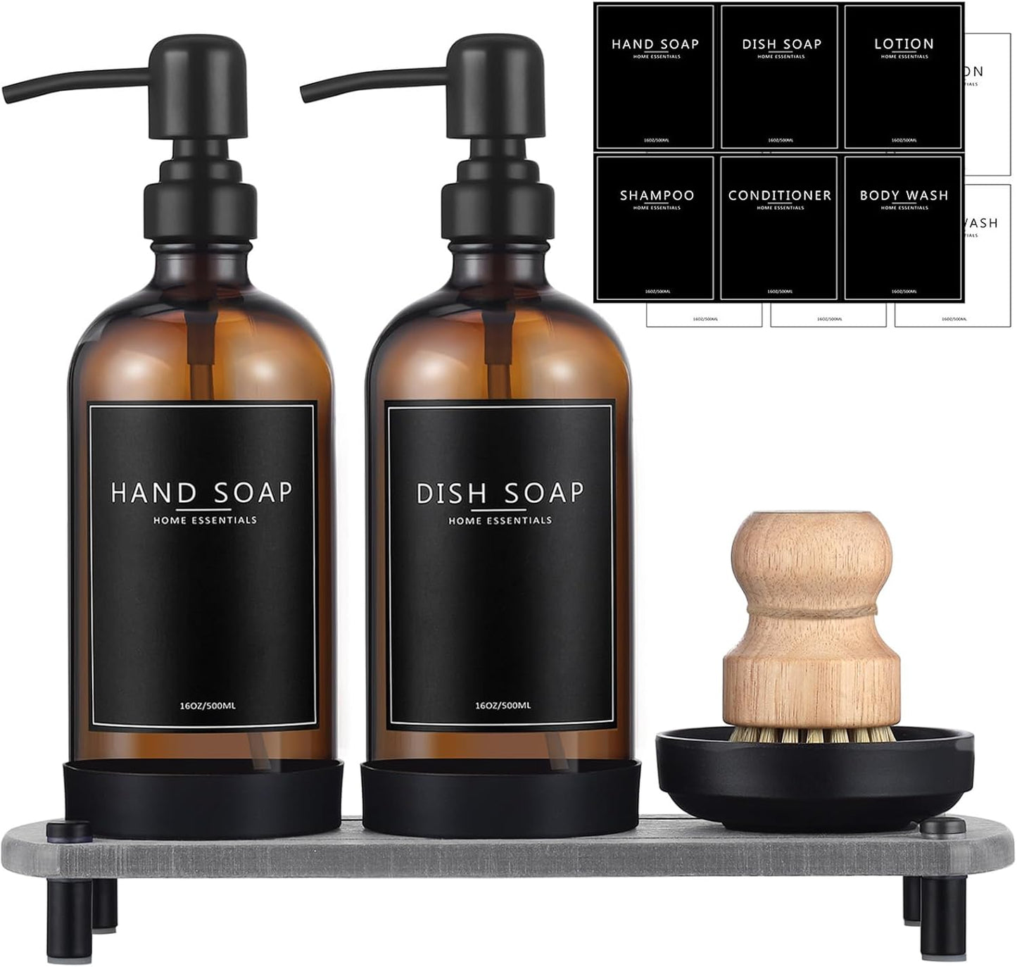 Kitchen Soap Dispenser Set with Instant Dry Tray,16 Oz Hand and Dish Soap Black Glass Dispenser Set,Stainless Steel Pump,Waterproof Labels&Dish Brush,Luxury Soap Bottle for Kitchen,Bathroom