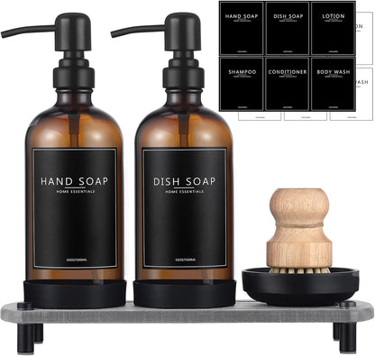 Kitchen Soap Dispenser Set with Instant Dry Tray,16 Oz Hand and Dish Soap Black Glass Dispenser Set,Stainless Steel Pump,Waterproof Labels&Dish Brush,Luxury Soap Bottle for Kitchen,Bathroom
