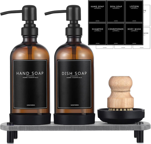 Kitchen Soap Dispenser Set with Instant Dry Tray,16 Oz Hand and Dish Soap Black Glass Dispenser Set,Stainless Steel Pump,Waterproof Labels&Dish Brush,Luxury Soap Bottle for Kitchen,Bathroom