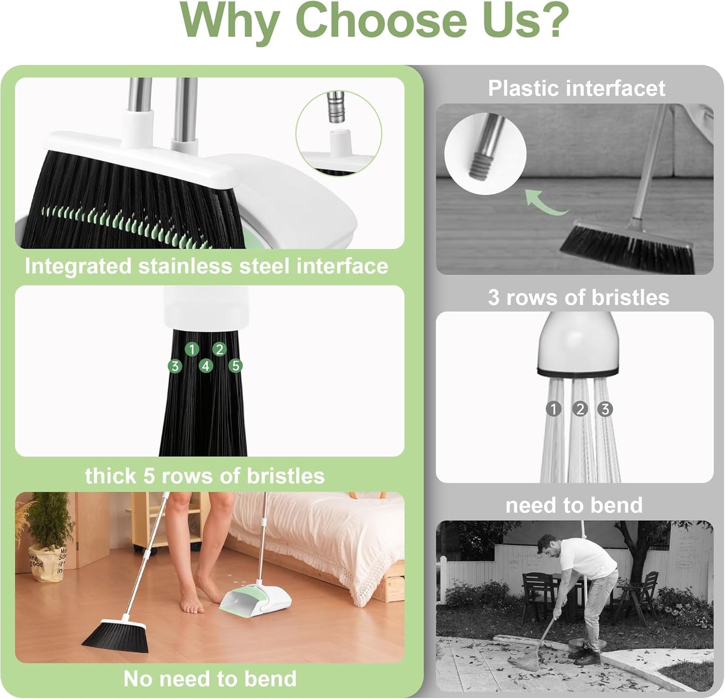 Broom and Dustpan Set, Broom Dustpan Combo Set for Home Commercial Cleaning Supplies Angle Broom with Long Handle Perfect for Courtyard Garage Street (Green)