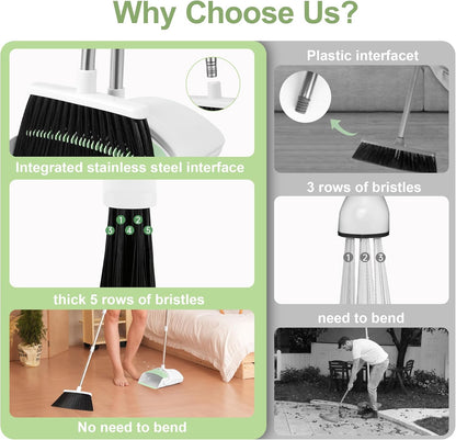 Broom and Dustpan Set, Broom Dustpan Combo Set for Home Commercial Cleaning Supplies Angle Broom with Long Handle Perfect for Courtyard Garage Street (Green)