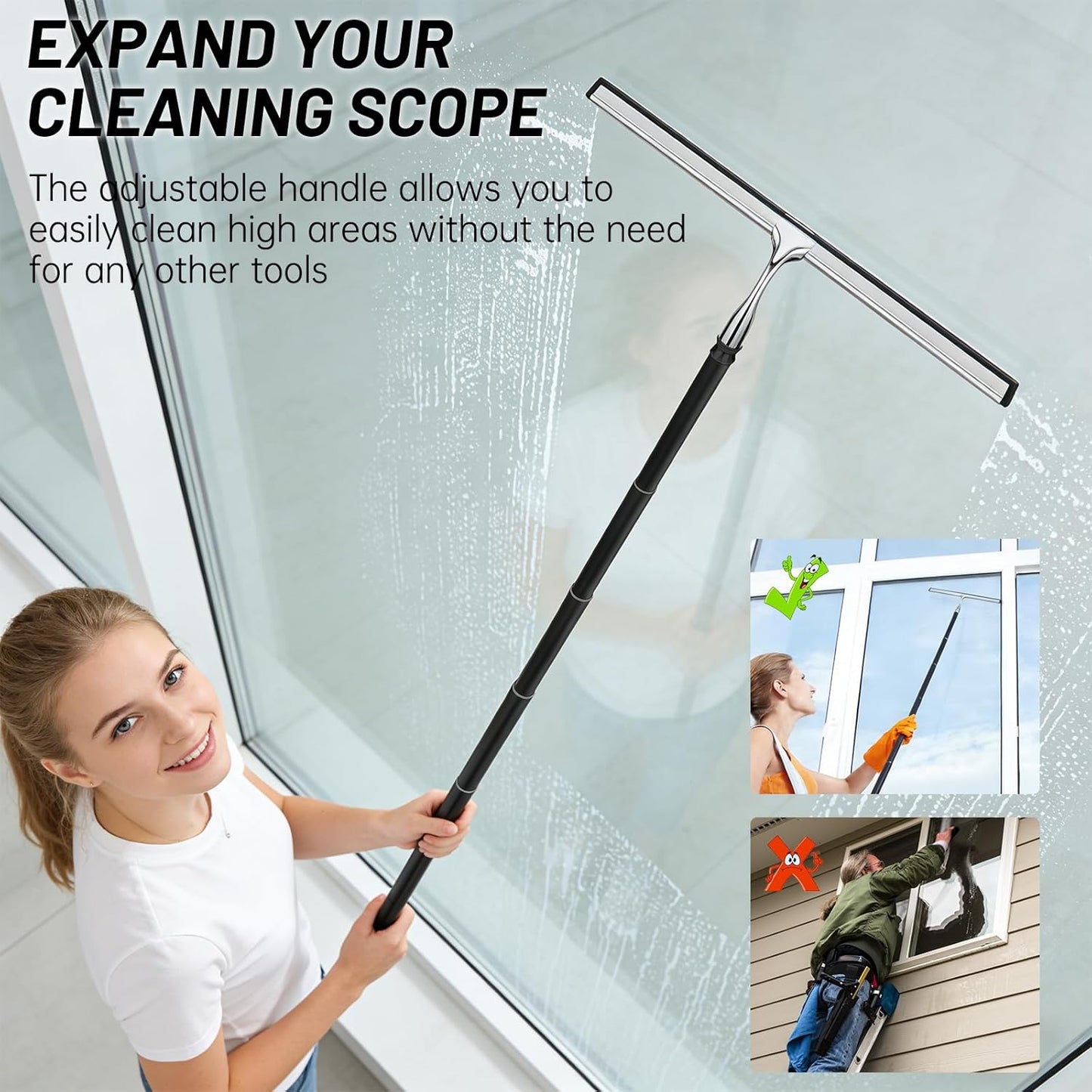 Squeegee for Shower Glass,Shower Squeegee for Glass Doors,Telescopic Window Squeegee for High Windows,Includes Towel Sleeves,Replacement Silicone Blade&Hooks,2 in 1 Queegee for Window Cleaning Kit
