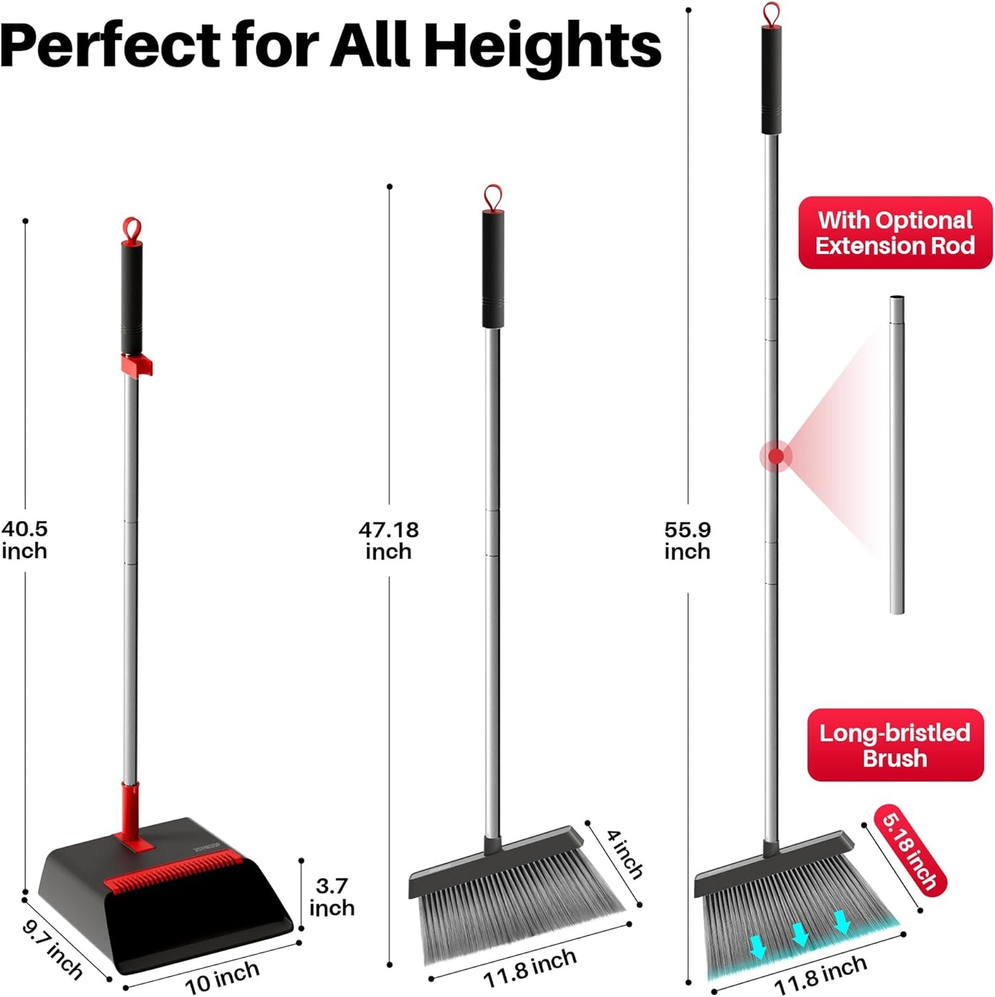 JOYMOOP White Broom and Dustpan Set, Upright Angle Design with Built-in Comb Teeth for Kitchen, Office, Pet Hair, Hard Floors