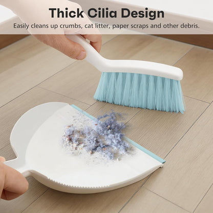 NACENA Mini Broom and Dustpan Set, Small Dust Pan and Brush Set with Handle Dustpan Teeth for Cleaning Hair Suitable for Office Desks Drawers Sofas Outdoor Camping, Light & Purple