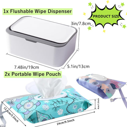 Wipe Dispenser White,Reusable Flushable Wipe Holder Set with 2Pcs Refillable Portable Wipe Bag for Baby Adult Bathroom,Wipe Container with Lids Keeps Wipes Fresh,Baby Shower New Mom Gifts