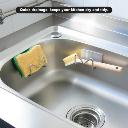 Adhesive Sponge Holder for Kitchen Sink, SUS304 Stainless Steel Scrubber Hanger Sink Caddy Accessories Storage Drain Rack Stand for Scratch Scrub Dishcloth Dishrag Steel Wool Strainer Stopper