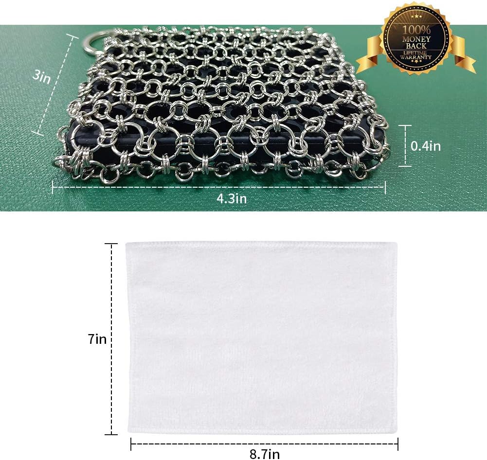 Herda Chain Mail Cast Iron Cleaner Scrubber,316 Chainmail Pan Scrubber Metal Cleaning Brush, Pad, Sponge Scraper to Clean Skillet,Dutch Oven, Wok,Grill Griddle,Chain Link Scrub Brush Pot Care Kit